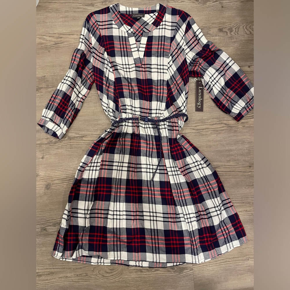 Luxology Navy and Red Plaid Dress